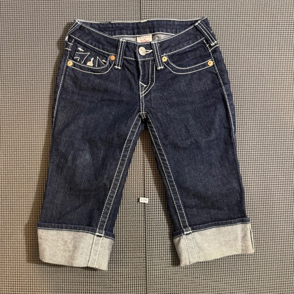 True Religion Joey Big T Dark Wash Denim Capri Jeans Size 25 White Stitching
